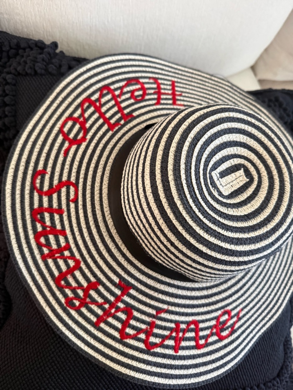 Striped Black & White Kids Sun Hat with Red 'Valentine' Embroidery